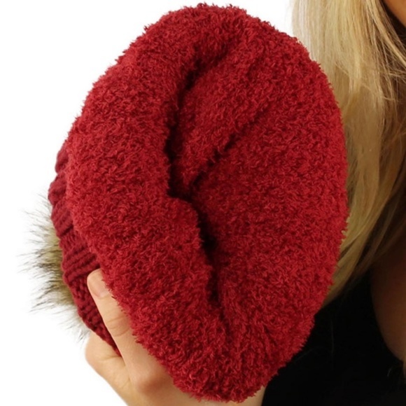 BricK Red Ribbed Knit Pom Pom Beanie Lined - Picture 2 of 2